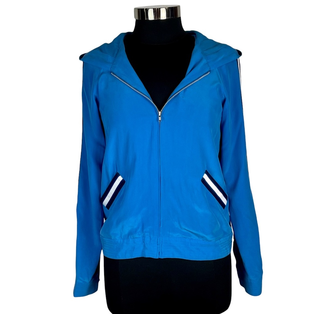 EQUIPMENT 100% SILK RACE STRIPE HOODED BOMBER ZIP UP JACKET